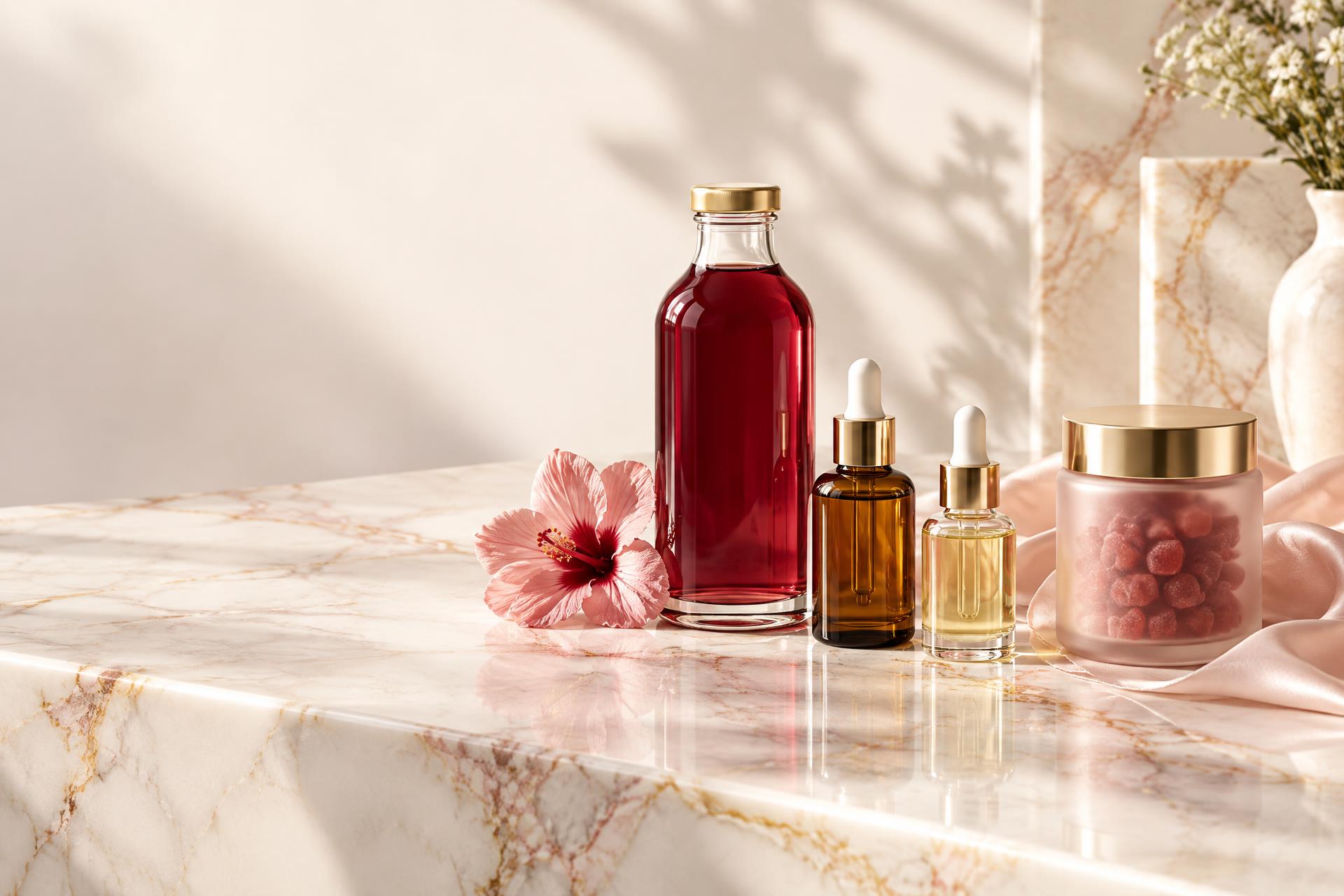 The Beauty & Wellness Collective range on a warm marble vanity