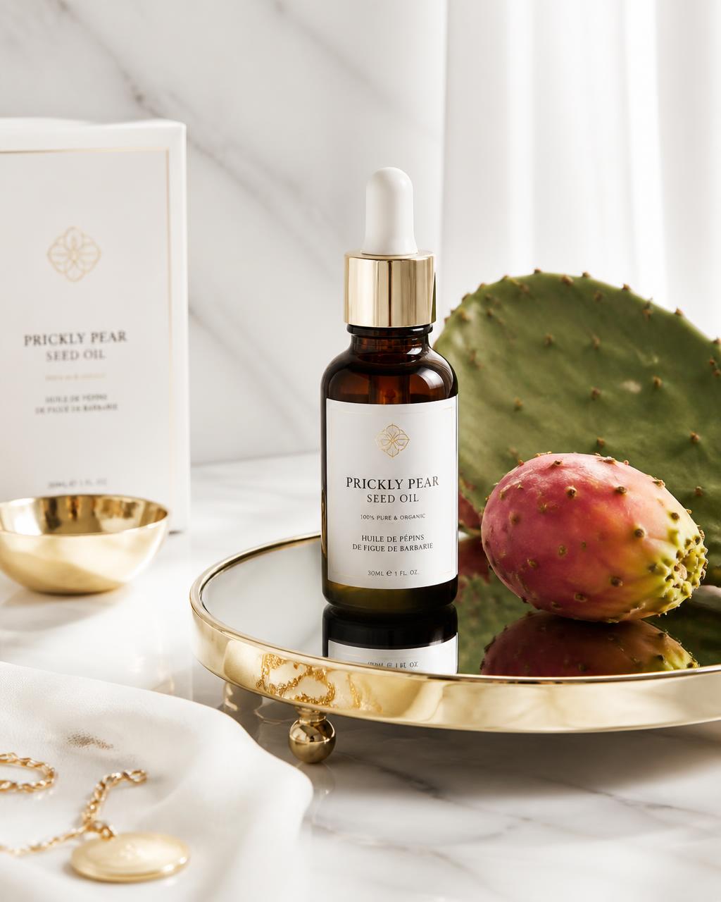 Prickly Pear Seed Oil styled on marble